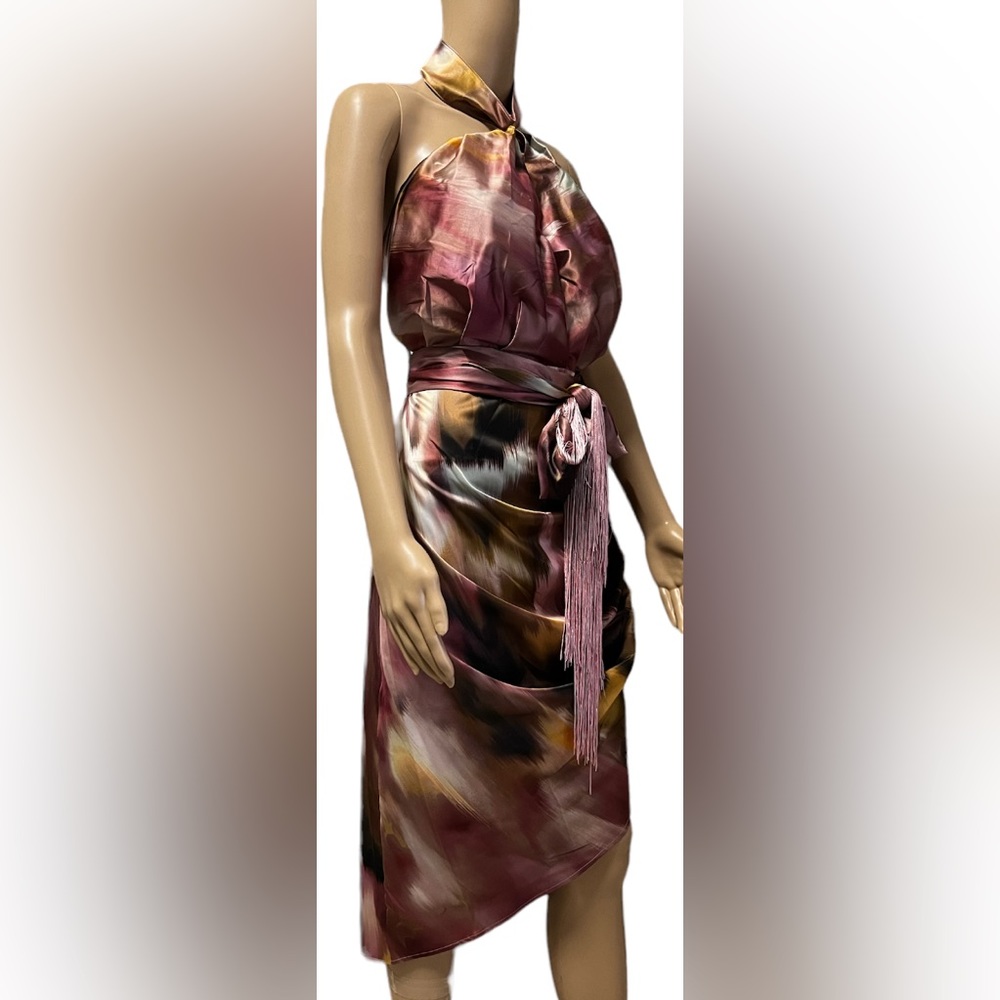 NWT BELLE BADGLEY MISCHKA Jen  Halter Neck Satin Asymmetrical Hem Dress Sz 6 - Picture 4 of 9